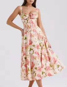 House of CB Carmen Corset Midi Milkmaid Dress XS in Pink Peony Floral Print NWT