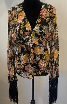 Floral Black and Yellow Women's Top with Fringe sleeves & v-neck size 4  ASOS