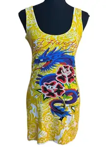 Vintage Y2K Yellow Ed Hardy Christian Audigier Cami Mini Dress | Tattoo Art
