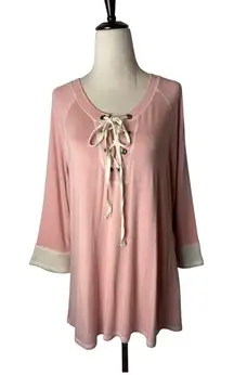 JUDE Shirt Women Large Pink Lace Up Knit Lightweight Pullover Athleisure USA‎