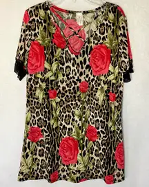 Now N Forever V Neck Top  S Leopard Rose Print Criss Cross Blouse