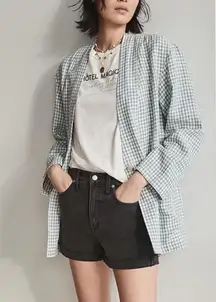 Madewell White Blue Linen Collarless Blazer in Gingham Check