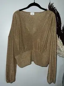 Ava James Women's Size Large Gold Metallic Long Sleeve Crop Top Holiday Party