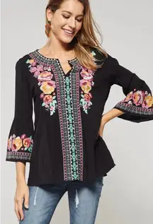 Andree by Unit Black Embroidered Top Womens 1X Black Floral Boho Lagenlook Tunic