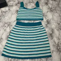 Wild Fable  Crochet Knit Two Piece Set blue White Striped Skirt and top Xs / S