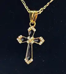 20" Gold Figaro Chain and Black Enamel Cross Pendant New