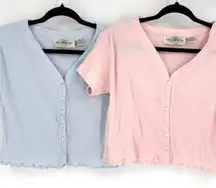 Y2K B. Moss Ribbed Henley Lettuce Trim‎ Crop Shirt Pink & Blue Medium Baby Tee