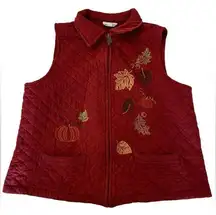 Vintage 90s Quilted Fall Vest Embroidered Leaves Size Large