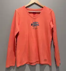 Life is Good Women's Salmon Campfire Orange Long Sleeve V-Neck T Shirt‎ Sz Small
