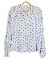 Zac & Rachel White Blue Star Print Button Down Shirt Womens L Lightweight Fabric