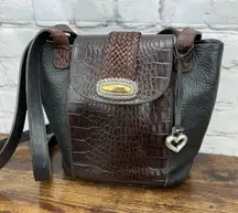 Brighton Classic Collection Bucket Bag Black/brown Leather Embossed‎ Flap