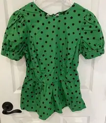 Who What Wear Green Black Polka Dot Peplum Puff Sleeve Top Women’s Size XS