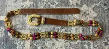Express Beaded Vintage Leather Belt - Brown and Pink
