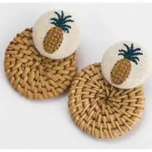 New Owls Nest Jewelry Pineapple Linen & Bamboo Raffia Drop Summer Earrings