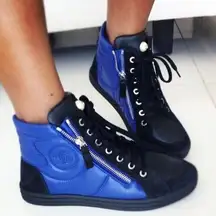 Chanel Calfskin Pearl High Top CC Sneakers 39 Black Blue
