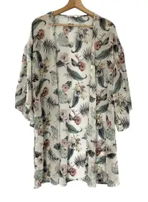 Emerald floral leaf kimono coverup robe women's size M sheer flowy sleeve style