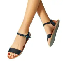 Faux Black Leather Ankle Strap and Adjustable Buckle Sandals for Women