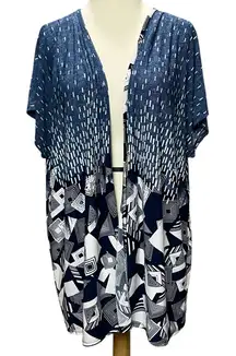 SJS Kimono Cardigan Womens 2XL Blue Geometric Open Front Relaxed Layering Flowy