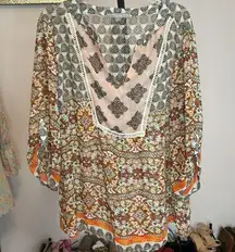 Valerie Steven’s 2x Semi Sheer cream brown pink orange Boho Top