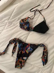Dragon print Two Piece Black Strappy Cheeky Sexy Bikini Swimwear