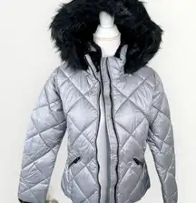 Sebby Collection Gray Silver Quilted Puffer Coat Black Faux Fur Trim NEW Sz S