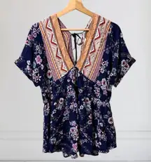 Davi & Dani Floral Print Babydoll Blouse Batwing Sleeve V-Neck Size Small S Boho