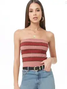 Forever 21 Pink Striped Shimmer Ribbed Knit Tube Crop Top