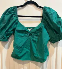 Sim & Sam Women's Green Puff Sleeve Smocked Square Neck Crop Top - Size L
