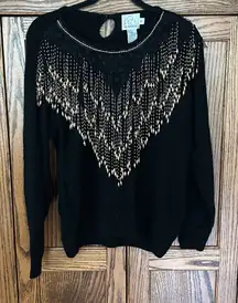 Vintage VTG 80s silk Wool Angora Sweater Beaded Fringe Western Boho Whimsigoth M