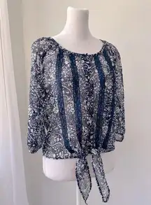 Full Tilt Navy Blue & White Sheer Floral Print Tie-Front Blouse