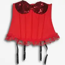 Size Large Red Bow Sequin Corset w/ Garter Clasps NWT