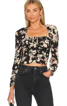 Free People Black Floral Print Keyhole‎ Neck Boho Peasant Hilary Top Size Small