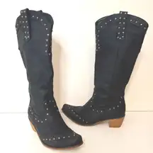 Black Studded Western Boots Women Cowboy Style Mid Calf Pull On Size 8