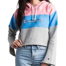 Champion Reverse Weave Colorblock Cropped Hoodie Cotton Pink Blue Gray Small