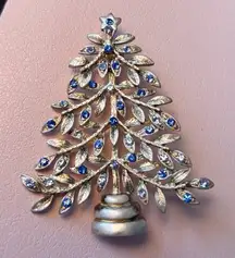 Kenneth Cole Silver Tone & Blue Rhinestone Decorated Christmas Tree Pin Brooch