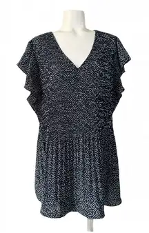 Adrianna Papell Pleated Navy White Square Dots Blouse Top 1X