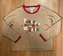 Tiara International Vintage Peace on‎ Earth Holiday Christmas Sweater Size L 90s