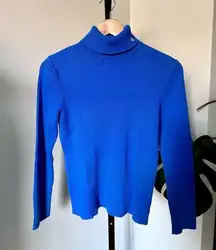 Women Pullover Blue Ribbed Turtleneck Sweater