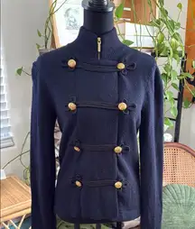 Ralph Lauren Jeans Co Navy Blue Knit Zip Up Gold Button Military Sweater