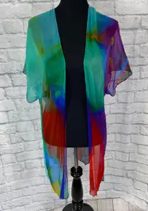 petite women open front short sleeve multicolor sheer cardigan/swim cover