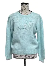 Vintage Baby Blue Floral Embroidered Sweater Women’s M Soft Knit Cottagecore