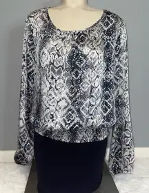 A. Byer smock banded waist black white snake print blouse top shirt womans L