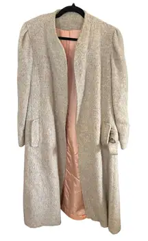 Ethel Pead Vintage Wool Coat Longline‎ Duster Pockets Puff Sleeve Gray Beige