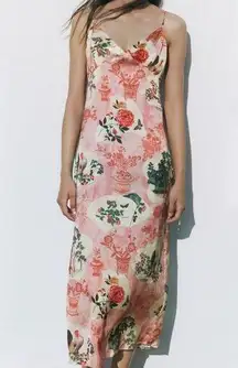 ZARA NEW  PRINTED MIDI DRESS V NECK SPAGHETTI STRAPS WOMENS‎ SIZE XS FLORAL