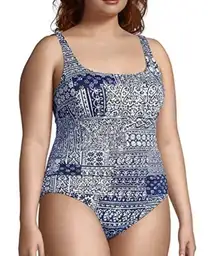 Lands' End Women's Swimsuit Blue White Patchwork One Piece Size 12