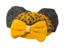 Yellow Fascinator Hat Black Polka Dot Mesh Pearl Accent Bow Clip For Women