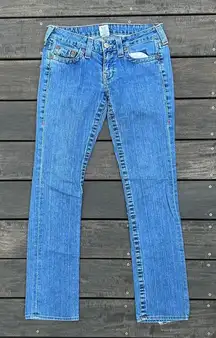 Y2K Blue Medium Wash Low Rise True Religion Jeans w/ Embroidered Pockets