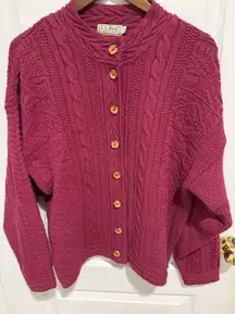 LL Bean Women Sweater Cardigan Vtg Fisherman Cable Knit Pink Magenta Wood Button