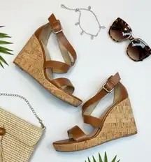 A New Day Cecilia Sandal NEW Tan Cork Wedge Ankle Strappy Buckle Wedding Size 8