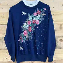 Vintage 90s Nutcracker Granny Sweater Medium Collared Flowers Birds Winter